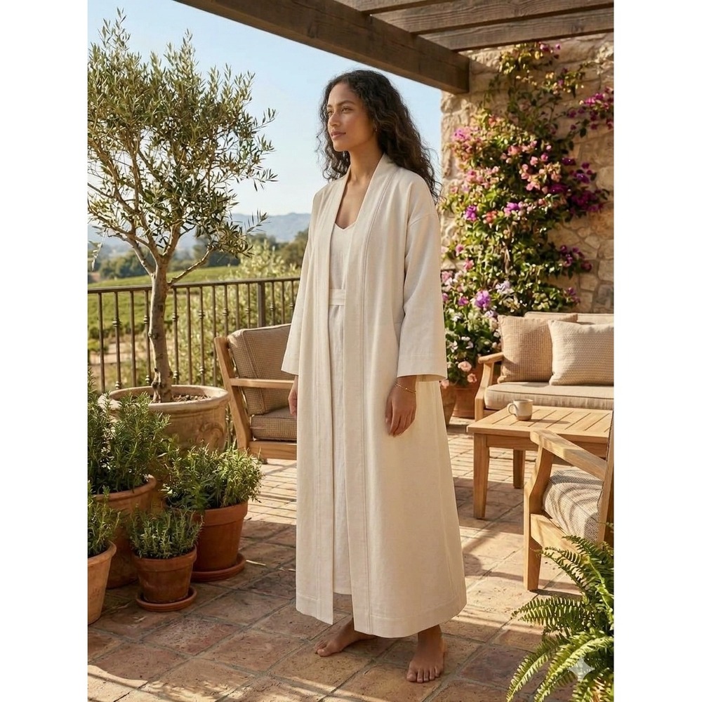Line and Dot Waffle Knit Robe Tan Beige Tie Waist Pockets Size S/M